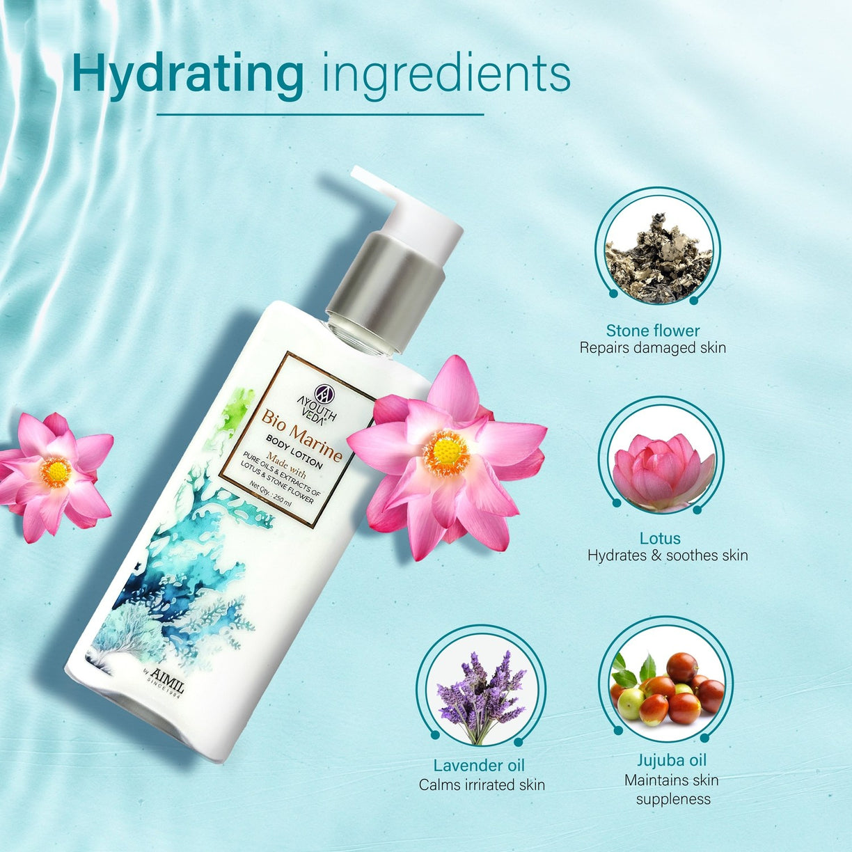 Ayouthveda Bio Marine Body Lotion with Lotus & Stone Flower | Lightweight, Non-Greasy - 250ml