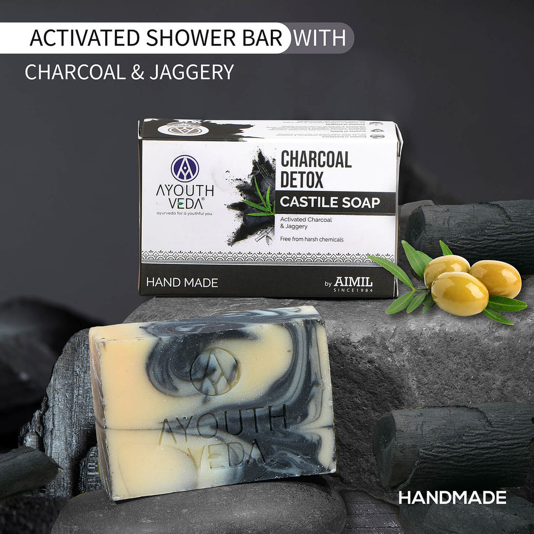 Ayouthveda Charcoal Detox Handmade Castile Soap | Suitable for Both Men and Women - 110g (Pack of 2)
