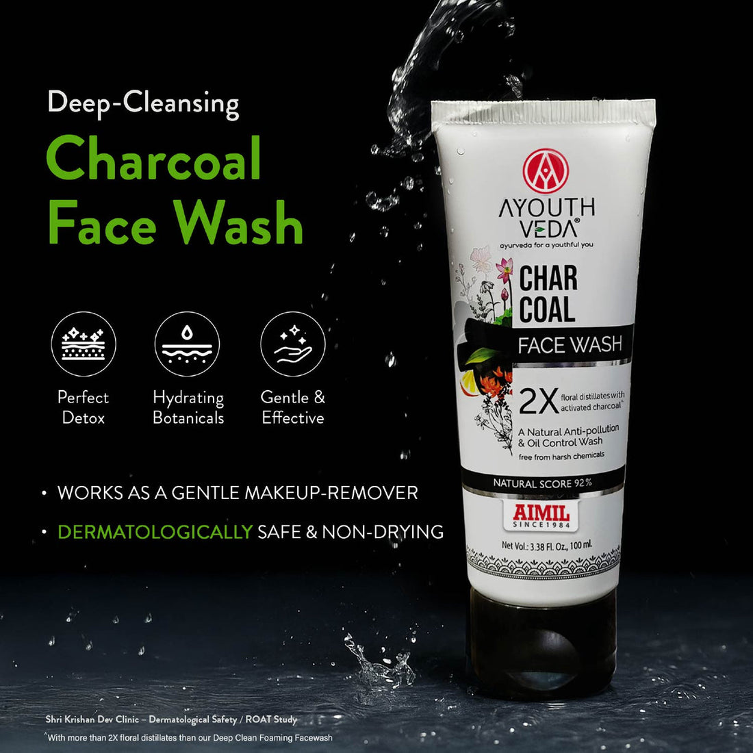 Ayouthveda Charcoal Face Wash with Activated Bamboo Charcoal & Floral Distillates | Suitable for All Skin Types - 100ml