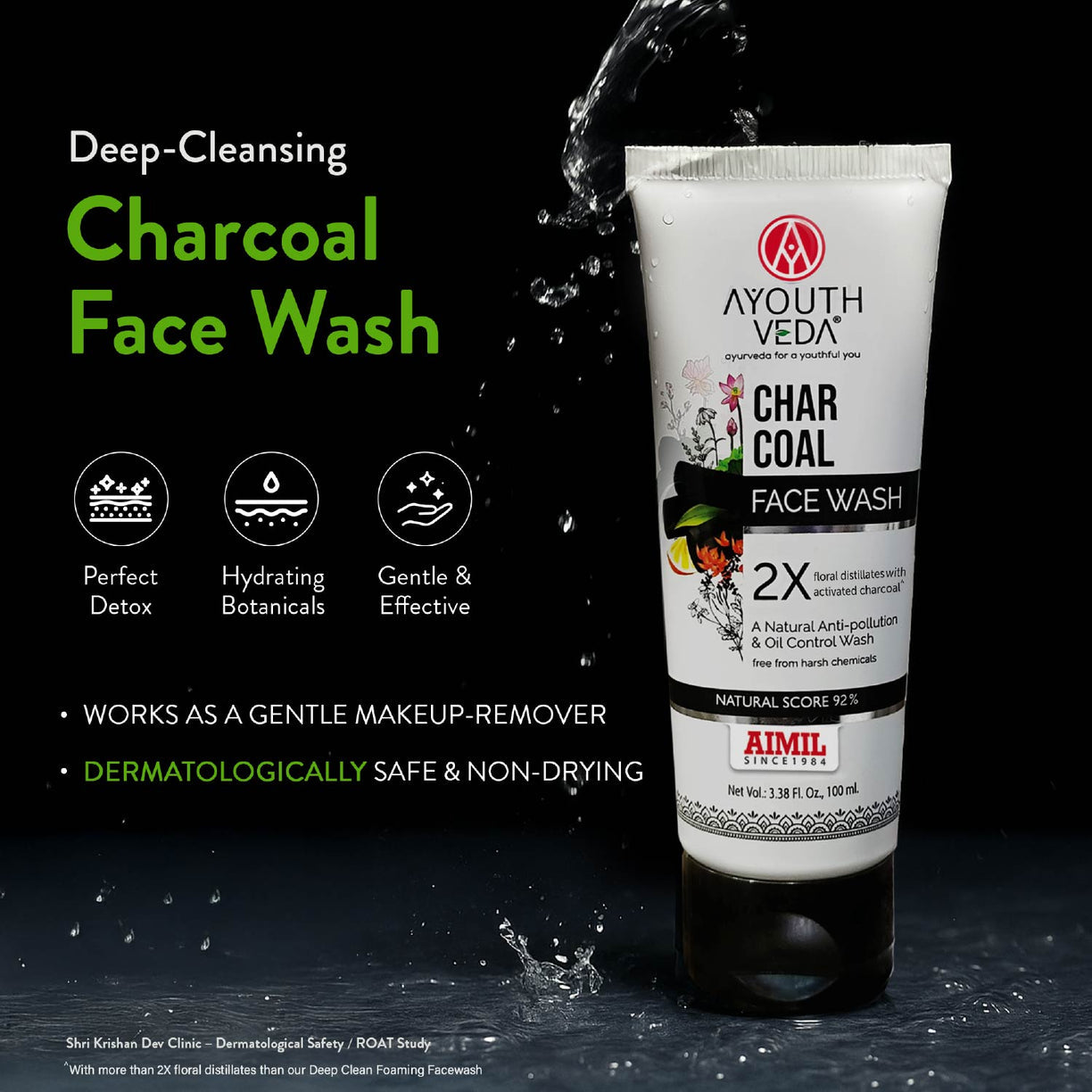 Ayouthveda Charcoal Face Wash with Activated Bamboo Charcoal & Floral Distillates | Suitable for All Skin Types - 100ml