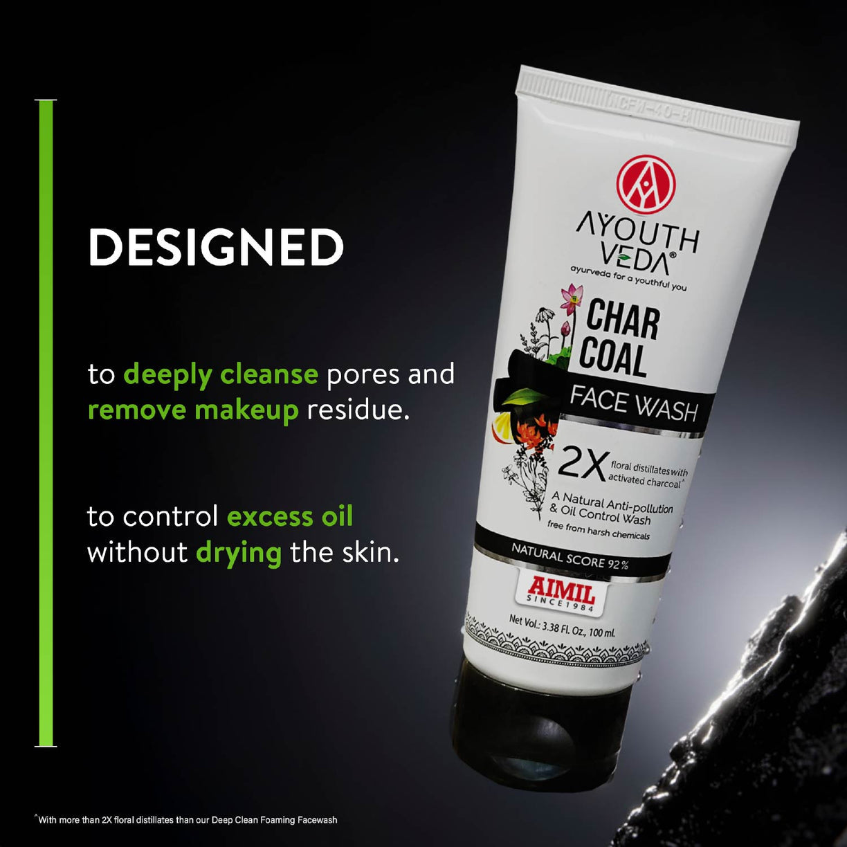 Ayouthveda Charcoal Face Wash with Activated Bamboo Charcoal & Floral Distillates | Suitable for All Skin Types - 100ml