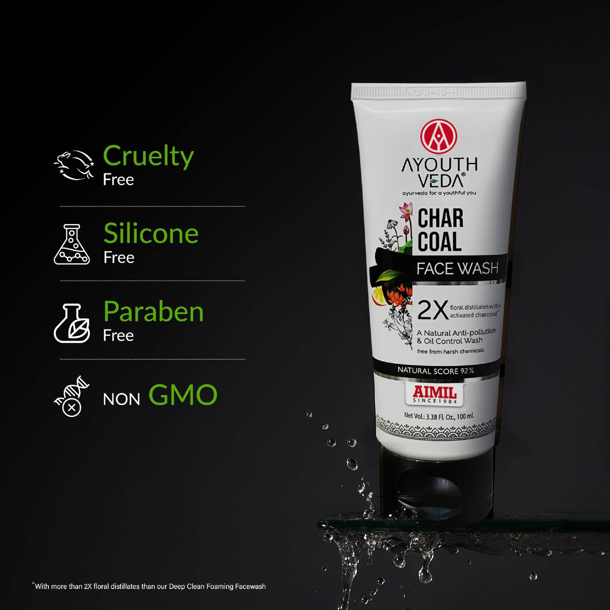 Ayouthveda Charcoal Face Wash with Activated Bamboo Charcoal & Floral Distillates | Suitable for All Skin Types - 100ml