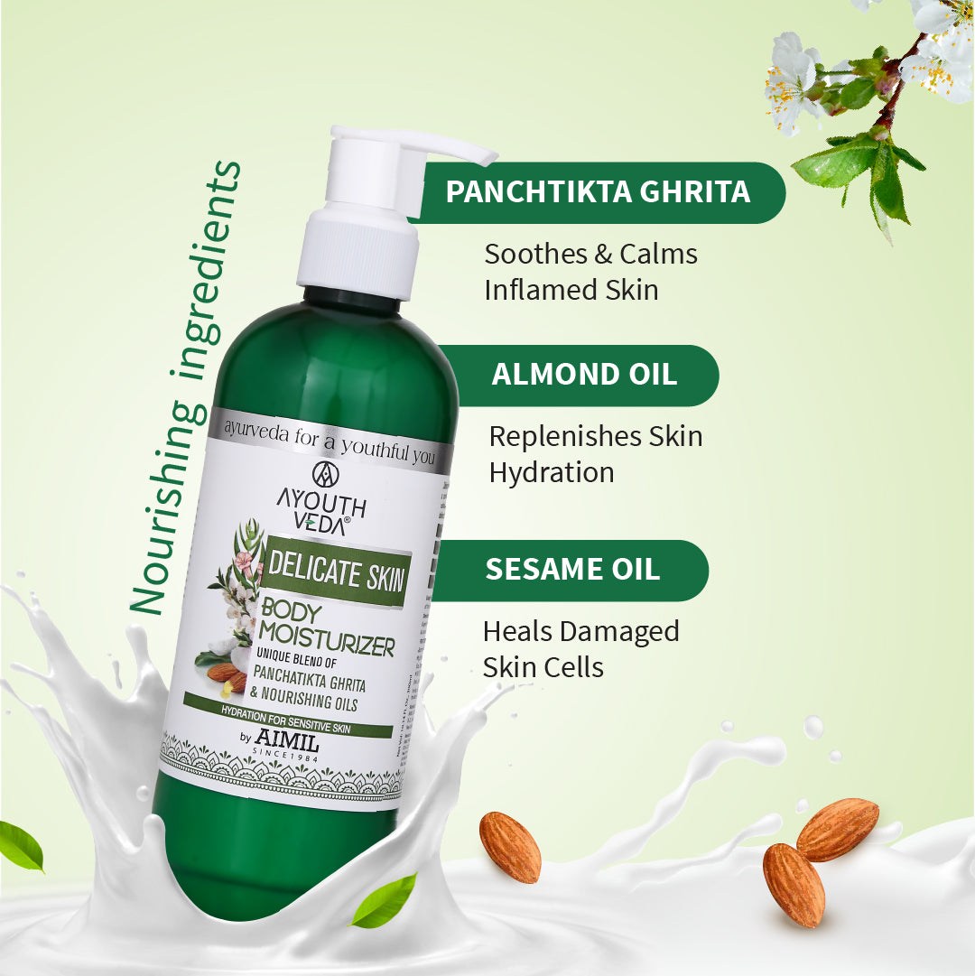 Ayouthveda Delicate Skin Body Moisturizer | Enriched With Panchtikta Ghrita, Almond Oil & Sesame Oil - 300ml