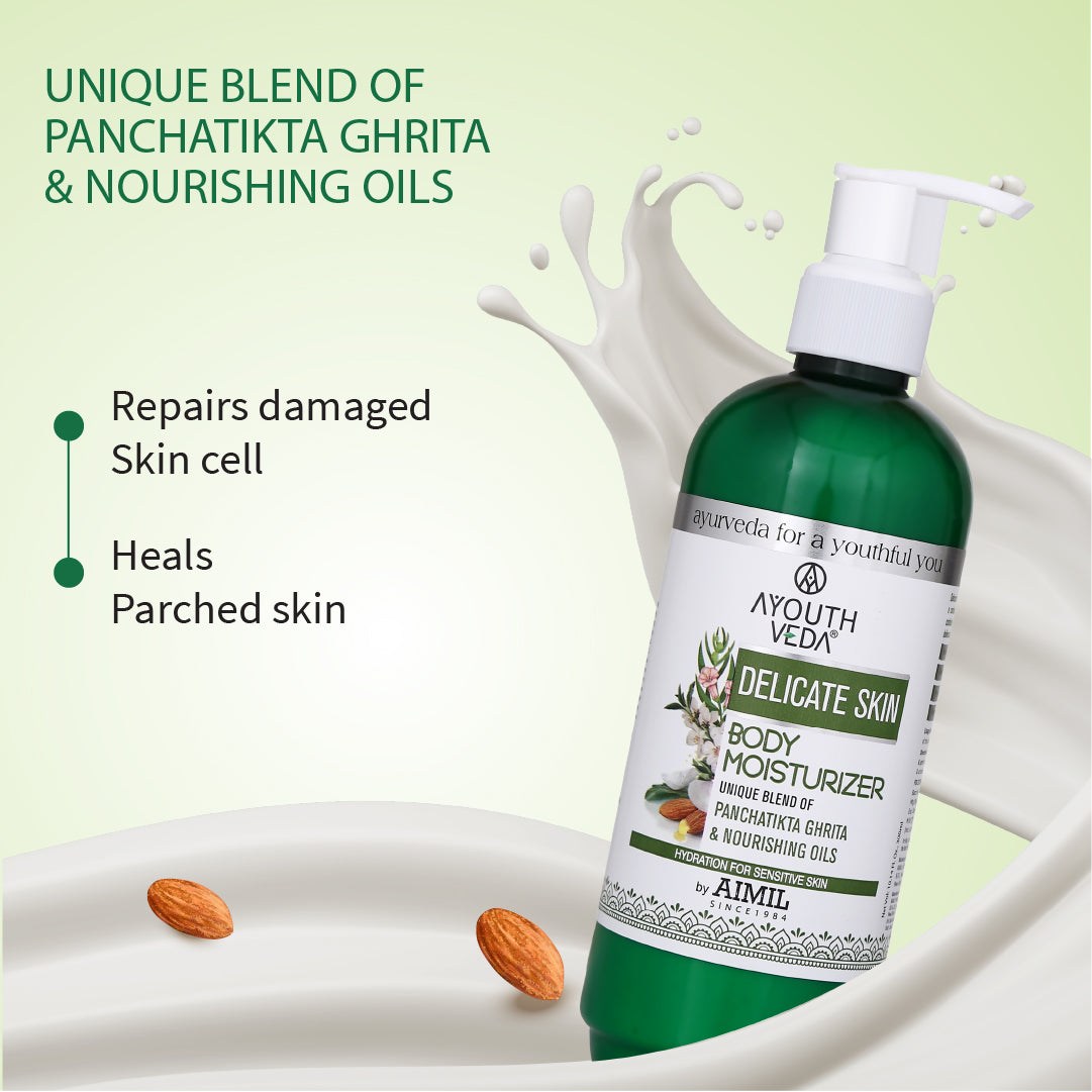 Ayouthveda Delicate Skin Body Moisturizer | Enriched With Panchtikta Ghrita, Almond Oil & Sesame Oil - 300ml