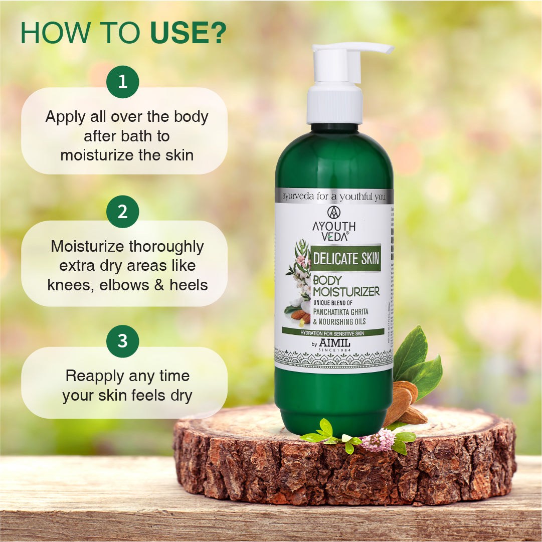 Ayouthveda Delicate Skin Body Moisturizer | Enriched With Panchtikta Ghrita, Almond Oil & Sesame Oil - 300ml