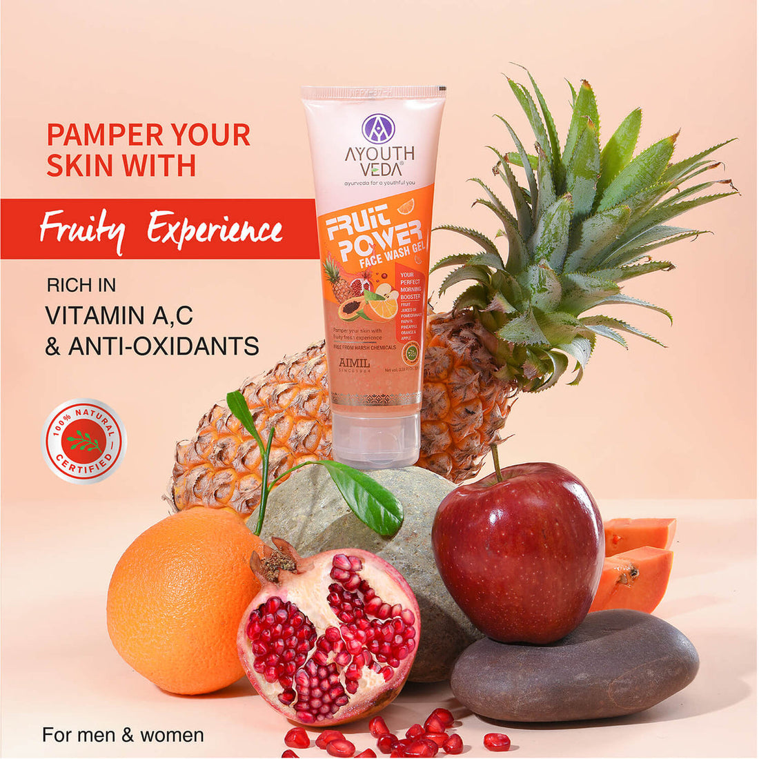 Ayouthveda Fruit Power Face Wash Gel | Refreshing Cleanser That Removes Dirt, Improves Skin Texture & Natural Glow - 100ml