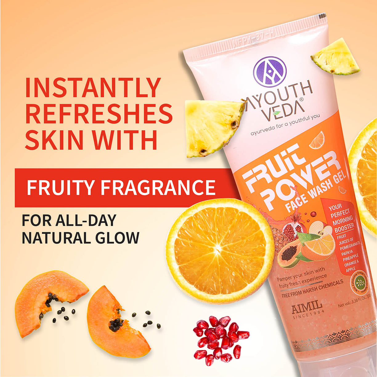 Ayouthveda Fruit Power Face Wash Gel | Refreshing Cleanser That Removes Dirt, Improves Skin Texture & Natural Glow - 100ml