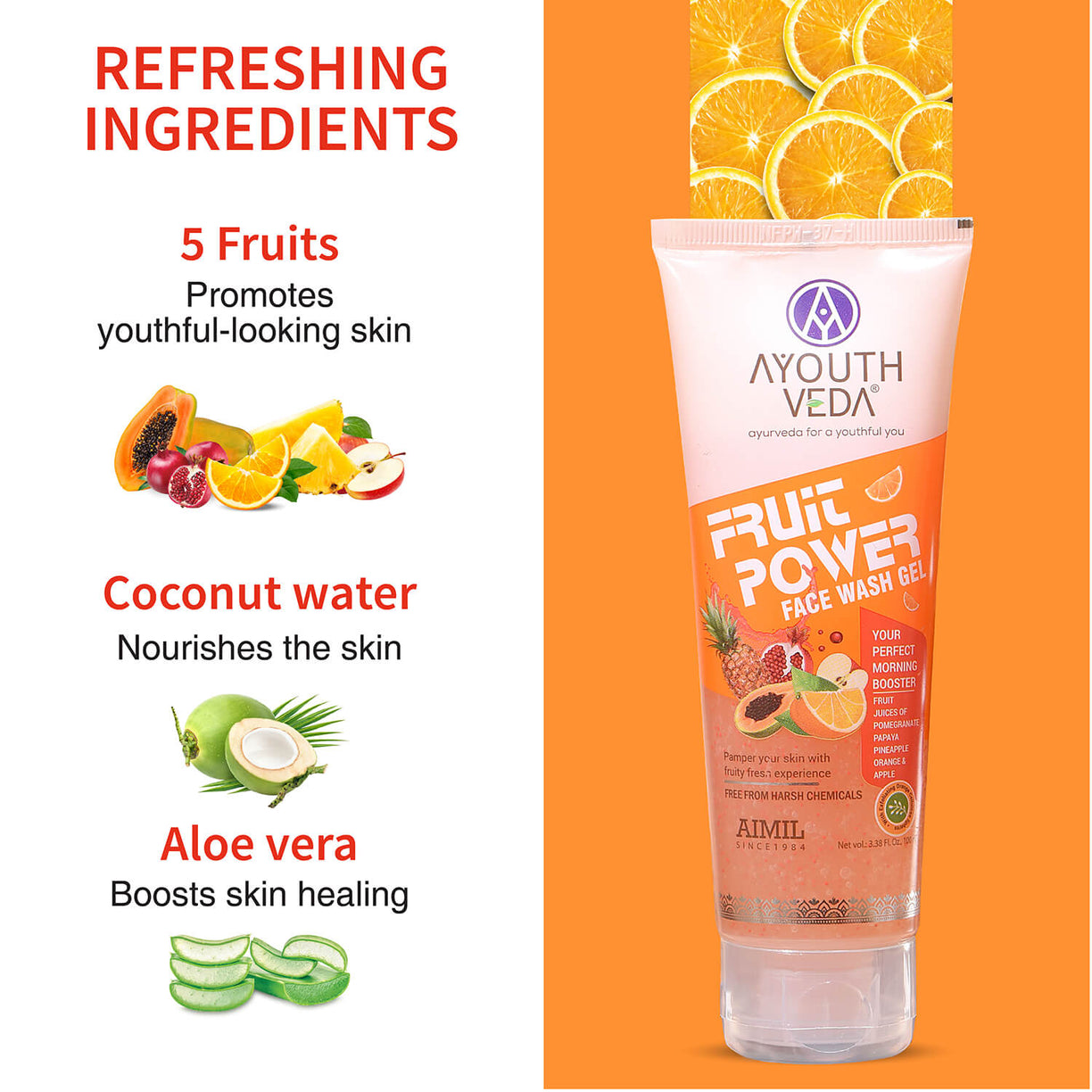 Ayouthveda Fruit Power Face Wash Gel | Refreshing Cleanser That Removes Dirt, Improves Skin Texture & Natural Glow - 100ml