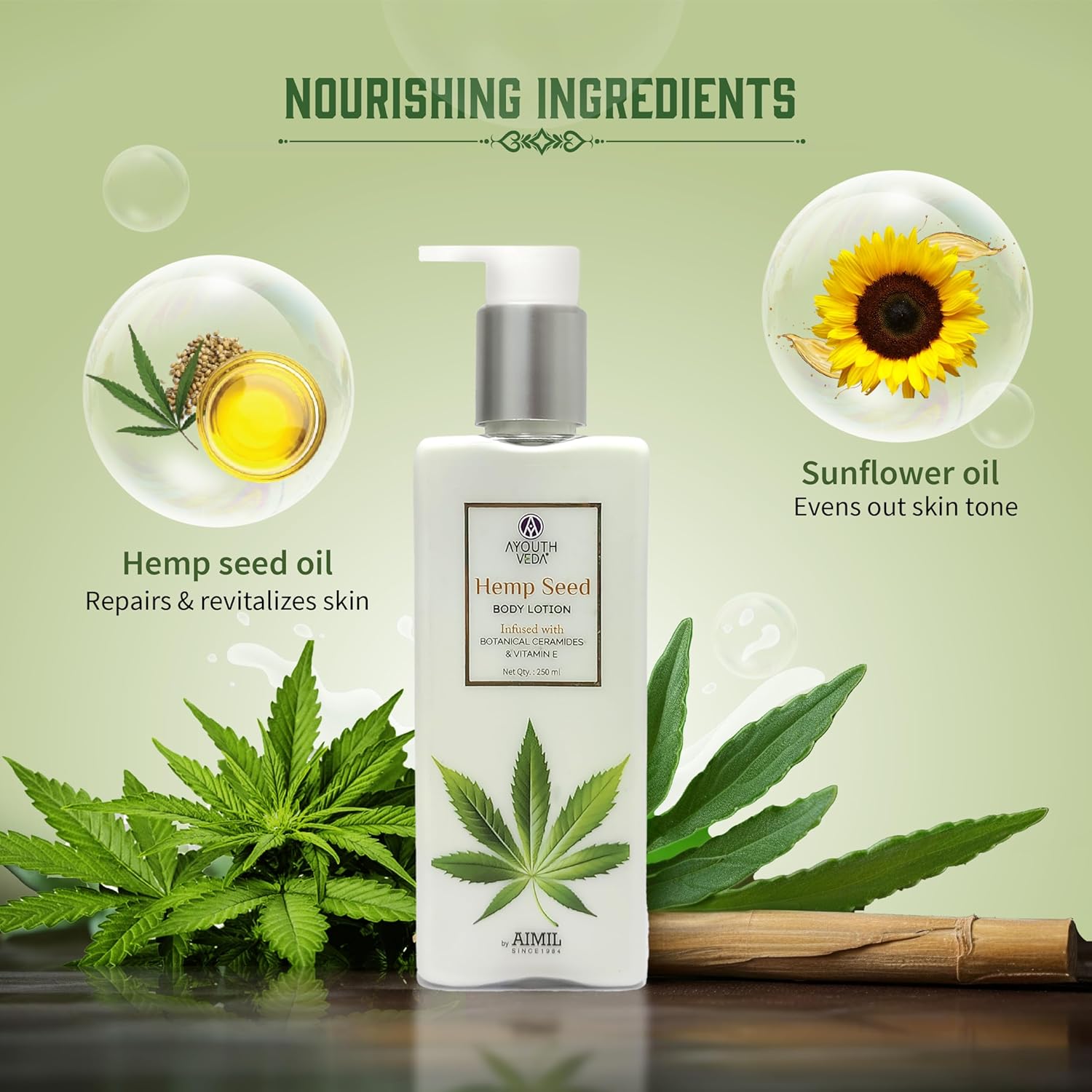 Ayouthveda Hemp Seed Body Lotion with Botanical Ceramides & Vitamin E for Deeply Hydrated Skin - 250ml