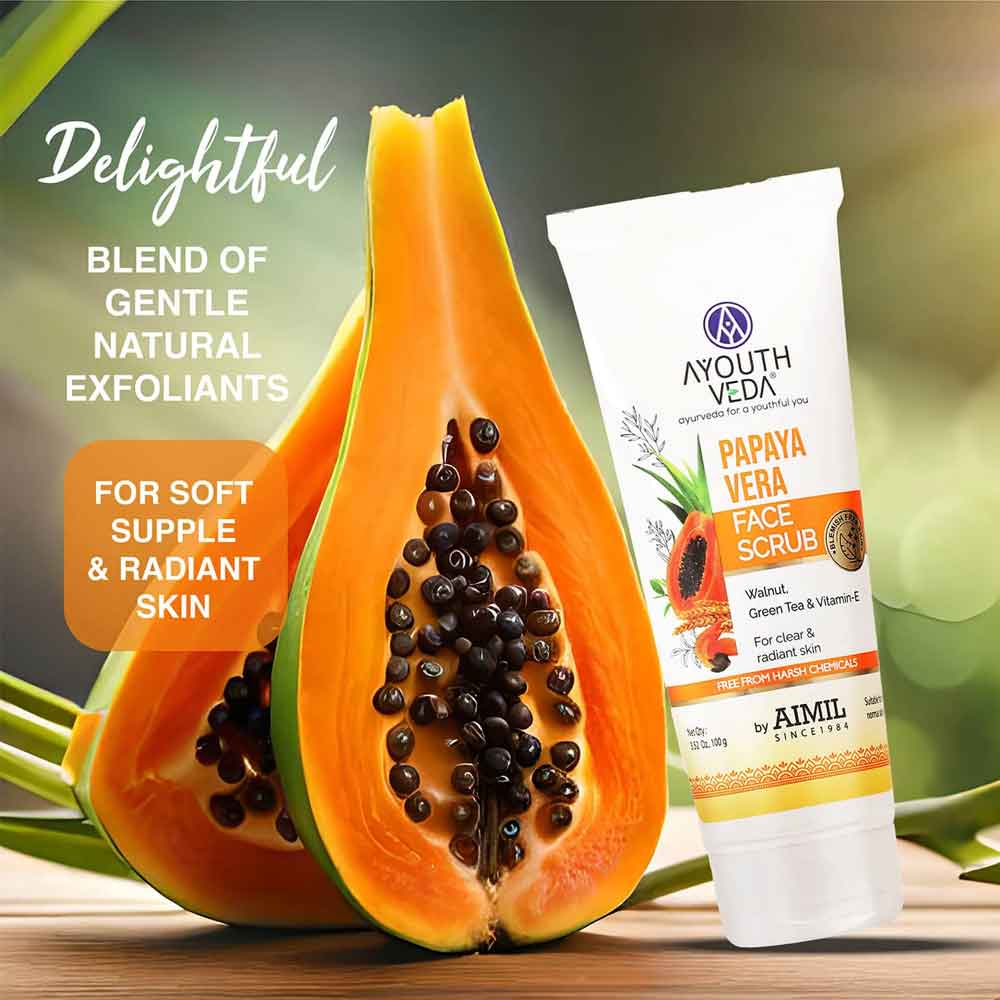 Ayouthveda Papaya Vera Face Scrub with Walnut, Green Tea & Vitamin E | Suitable for Dry to Normal Skin Types - 100g