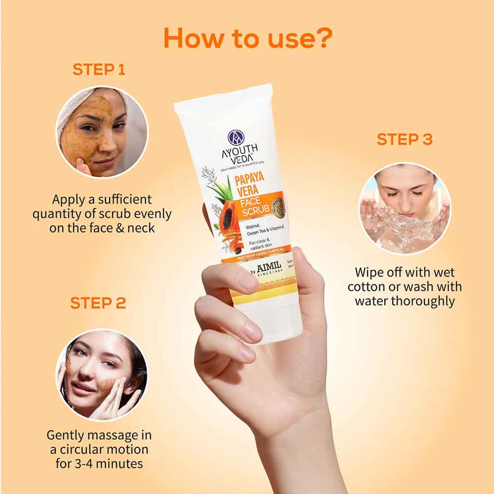 Ayouthveda Papaya Vera Face Scrub with Walnut, Green Tea & Vitamin E | Suitable for Dry to Normal Skin Types - 100g