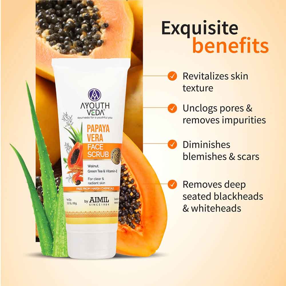 Ayouthveda Papaya Vera Face Scrub with Walnut, Green Tea & Vitamin E | Suitable for Dry to Normal Skin Types - 100g