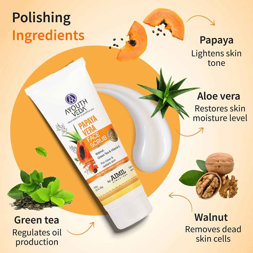 Ayouthveda Papaya Vera Face Scrub with Walnut, Green Tea & Vitamin E | Suitable for Dry to Normal Skin Types - 100g