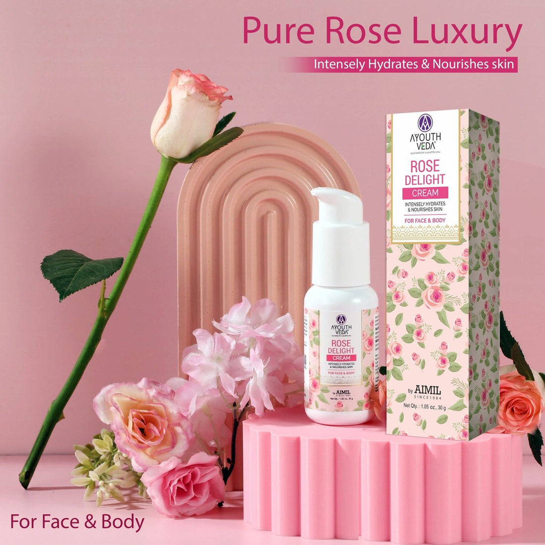 Ayouthveda Rose Delight Face Cream | With Real Rose Extracts & Sunflower Oil | Natural Moisturizer for Hydrated & Nourished Skin | For All Skin Types - 30g