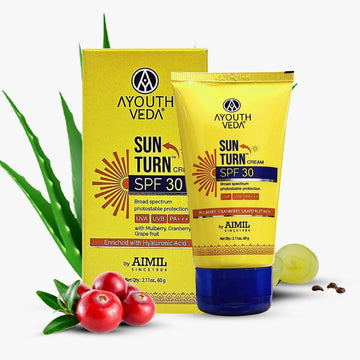 Ayouthveda Sun Turn Cream SPF 30 with Hyaluronic Acid for Broad Spectrum Photostable Protection - 60g