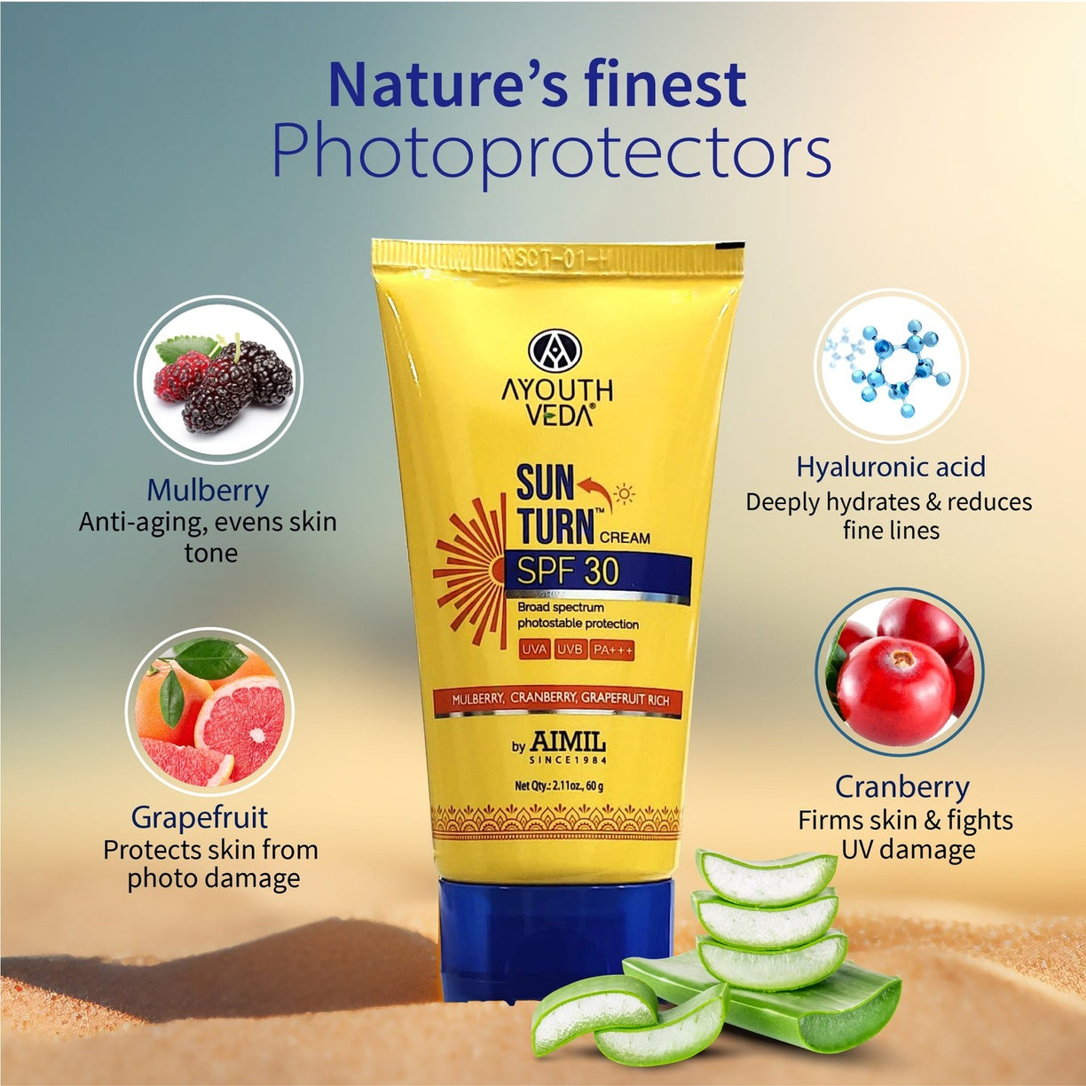 Ayouthveda Sun Turn Cream SPF 30 with Hyaluronic Acid for Broad Spectrum Photostable Protection - 60g