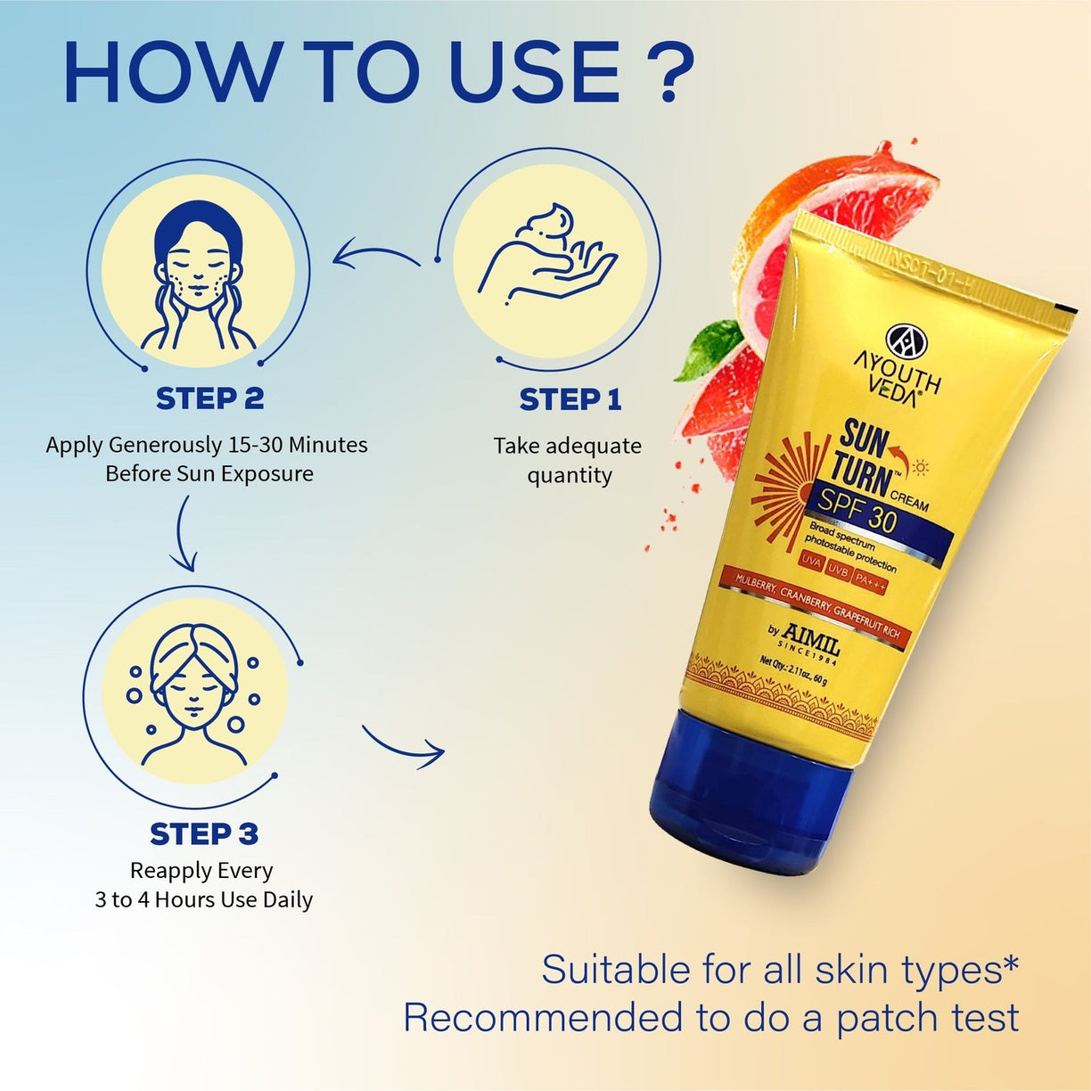 Ayouthveda Sun Turn Cream SPF 30 with Hyaluronic Acid for Broad Spectrum Photostable Protection - 60g