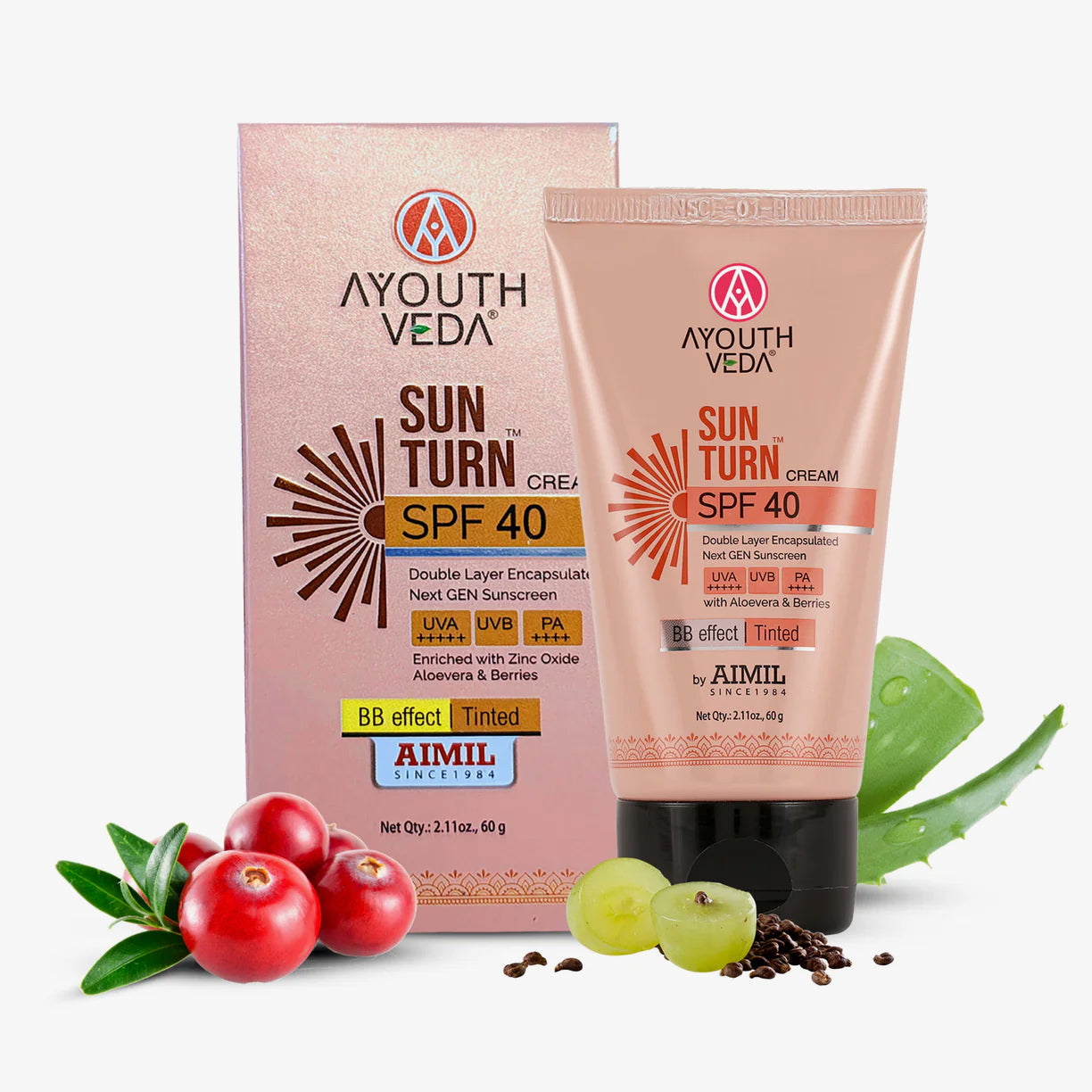 Ayouthveda Sun Turn Cream SPF 40 - Double Layer Encapsulated Sunscreen - Tinted with BB Effect - PA++++ - UVA(+++++)/UVB Protection - Blue Light Defense - Enriched with Zinc Oxide, Aloe Vera & Berries - 60g
