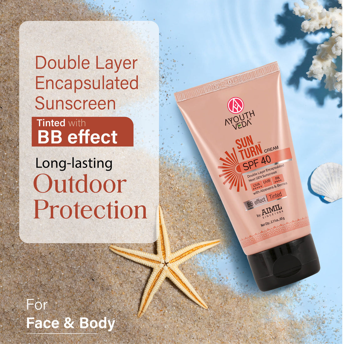 Ayouthveda Sun Turn Cream SPF 40 - Double Layer Encapsulated Sunscreen - Tinted with BB Effect - PA++++ - UVA(+++++)/UVB Protection - Blue Light Defense - Enriched with Zinc Oxide, Aloe Vera & Berries - 60g