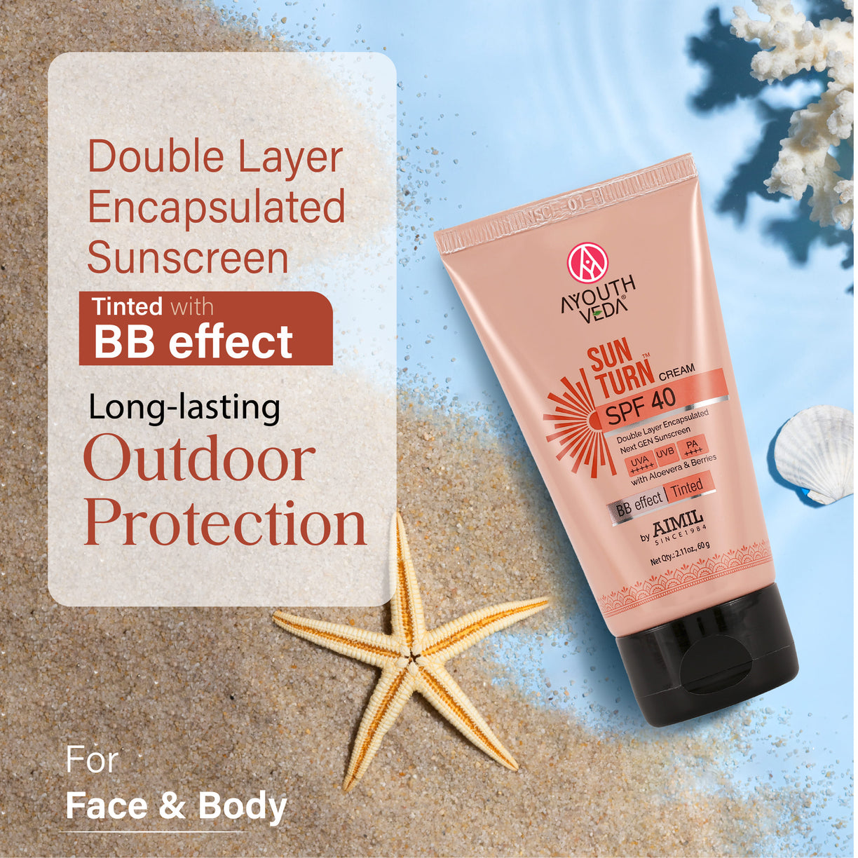 Ayouthveda Sun Turn Cream SPF 40 - Double Layer Encapsulated Sunscreen - Tinted with BB Effect - PA++++ - UVA(+++++)/UVB Protection - Blue Light Defense - Enriched with Zinc Oxide, Aloe Vera & Berries - 60g