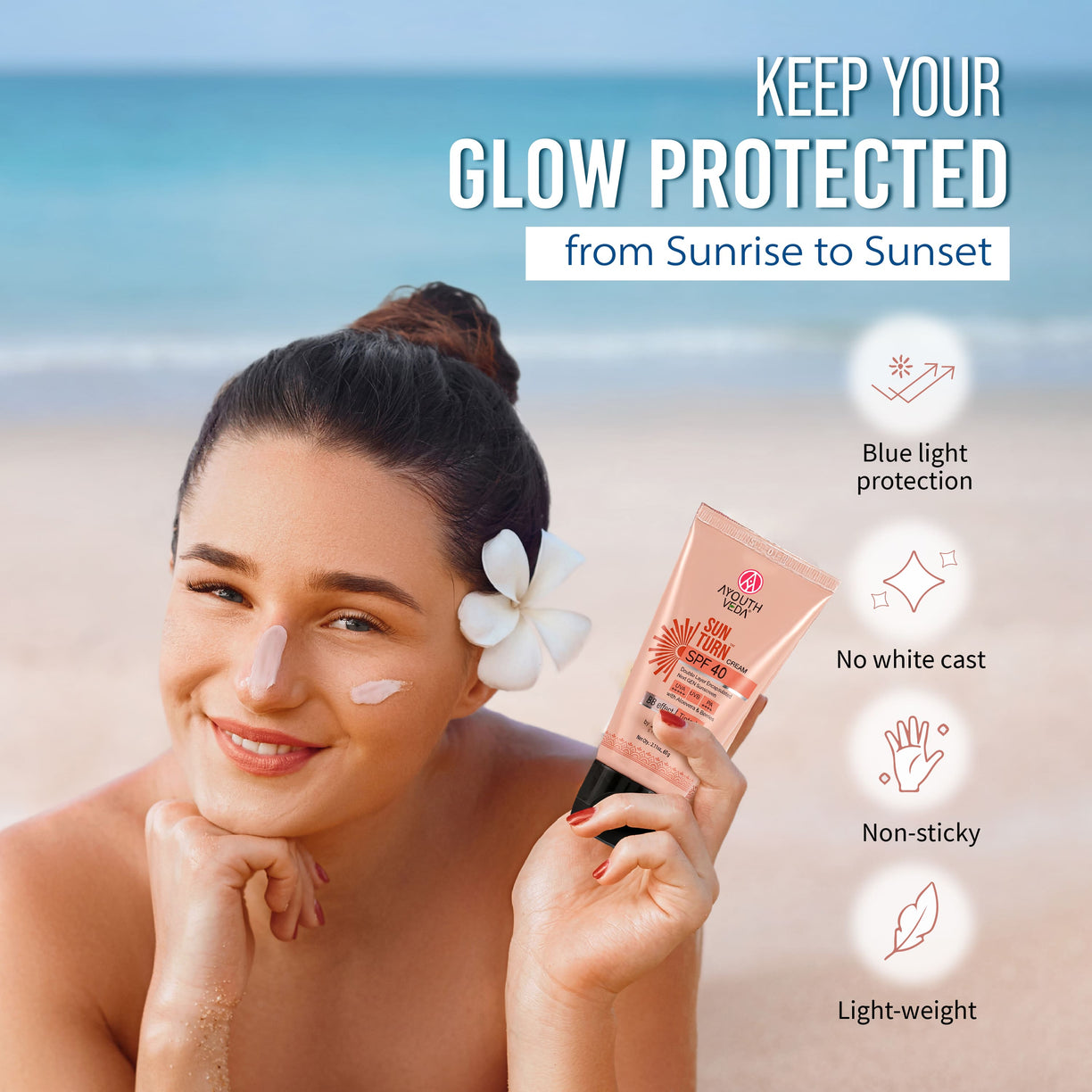 Ayouthveda Sun Turn Cream SPF 40 - Double Layer Encapsulated Sunscreen - Tinted with BB Effect - PA++++ - UVA(+++++)/UVB Protection - Blue Light Defense - Enriched with Zinc Oxide, Aloe Vera & Berries - 60g