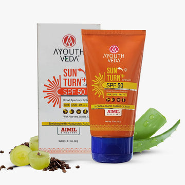 Ayouthveda Sun Turn+ Cream SPF 50 with Hyaluronic Acid for Broad Spectrum UV Protection - 60g