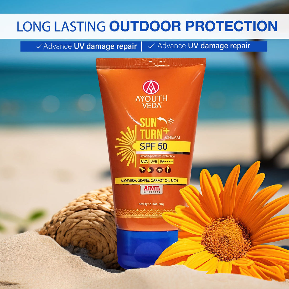 Ayouthveda Sun Turn+ Cream SPF 50 with Hyaluronic Acid for Broad Spectrum UV Protection - 60g