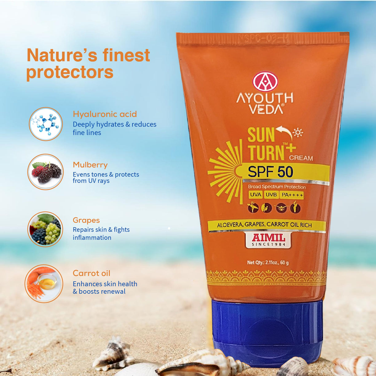 Ayouthveda Sun Turn+ Cream SPF 50 with Hyaluronic Acid for Broad Spectrum UV Protection - 60g