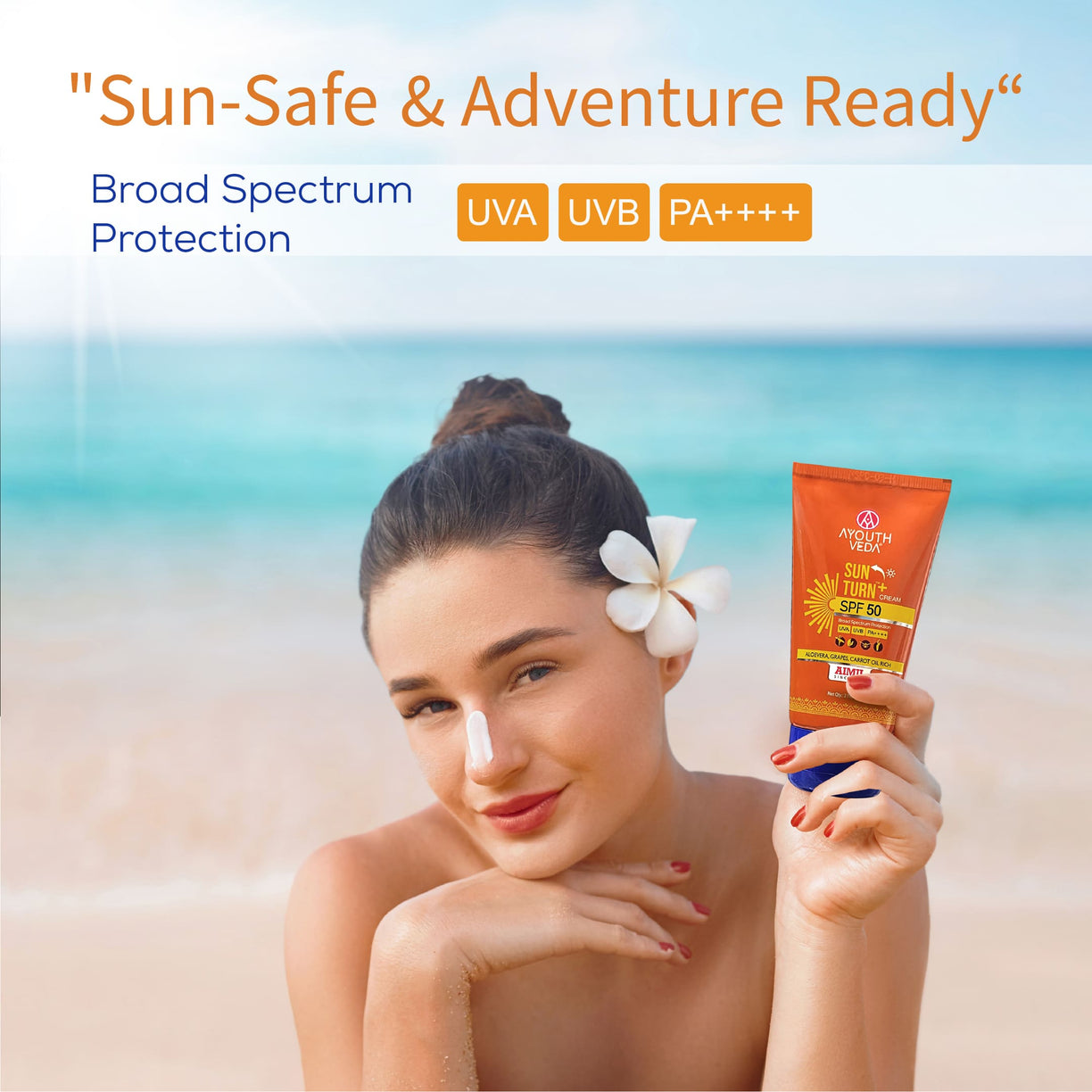 Ayouthveda Sun Turn+ Cream SPF 50 with Hyaluronic Acid for Broad Spectrum UV Protection - 60g
