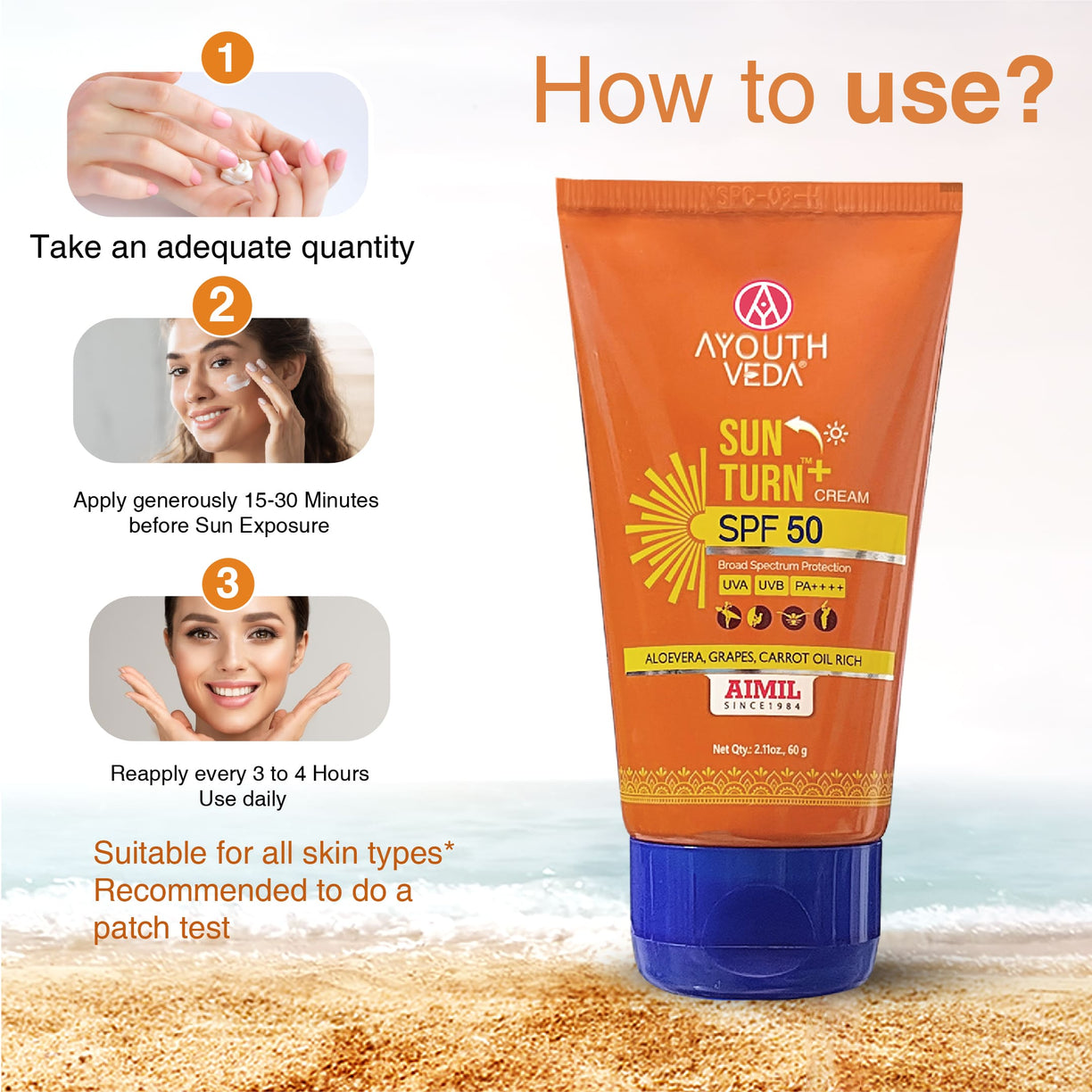 Ayouthveda Sun Turn+ Cream SPF 50 with Hyaluronic Acid for Broad Spectrum UV Protection - 60g