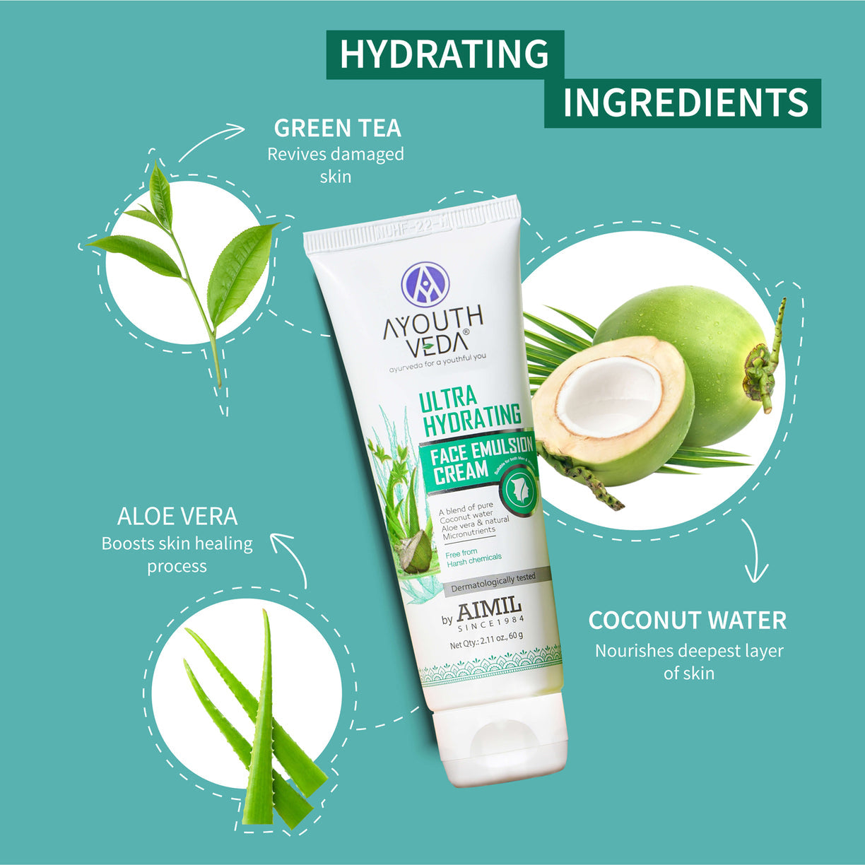 Ayouthveda Ultra Hydrating Face Emulsion Cream | 24-Hour Hydrating Moisturizer | For All Skin Types - 60g