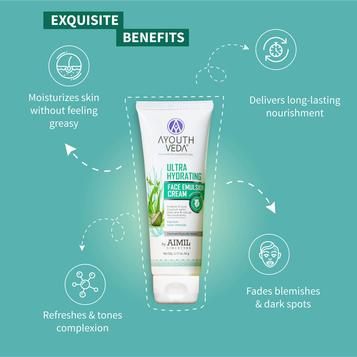 Ayouthveda Ultra Hydrating Face Emulsion Cream | 24-Hour Hydrating Moisturizer | For All Skin Types - 60g