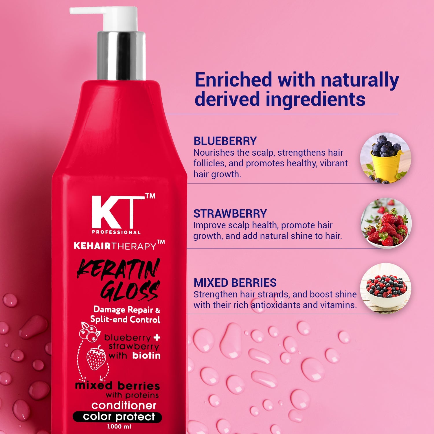 KT Professional Keratin Gloss Conditioner For Damage Repair & Split End Control - 1000ml