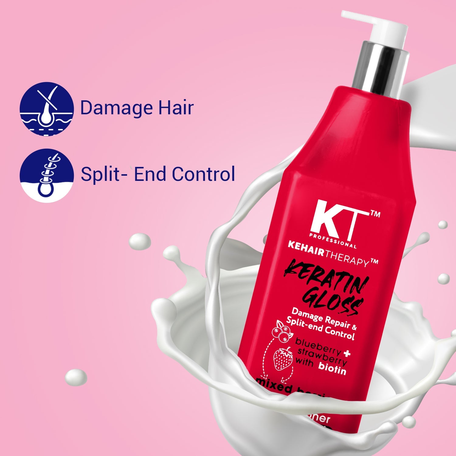 KT Professional Keratin Gloss Conditioner For Damage Repair & Split End Control - 1000ml