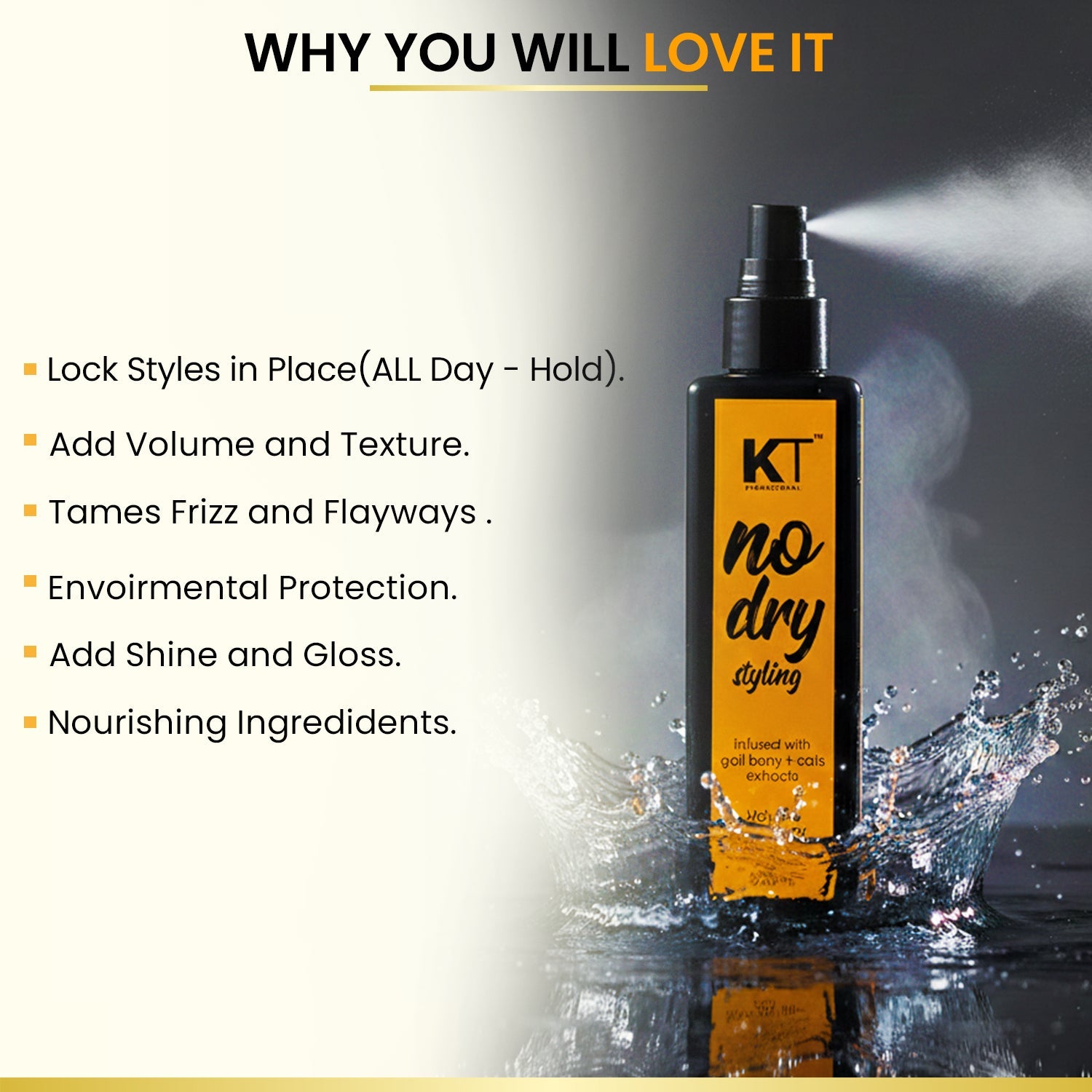 KT Professional No Dry Styling Moisture Mist Hair Spray & Heat Protector - 200ml