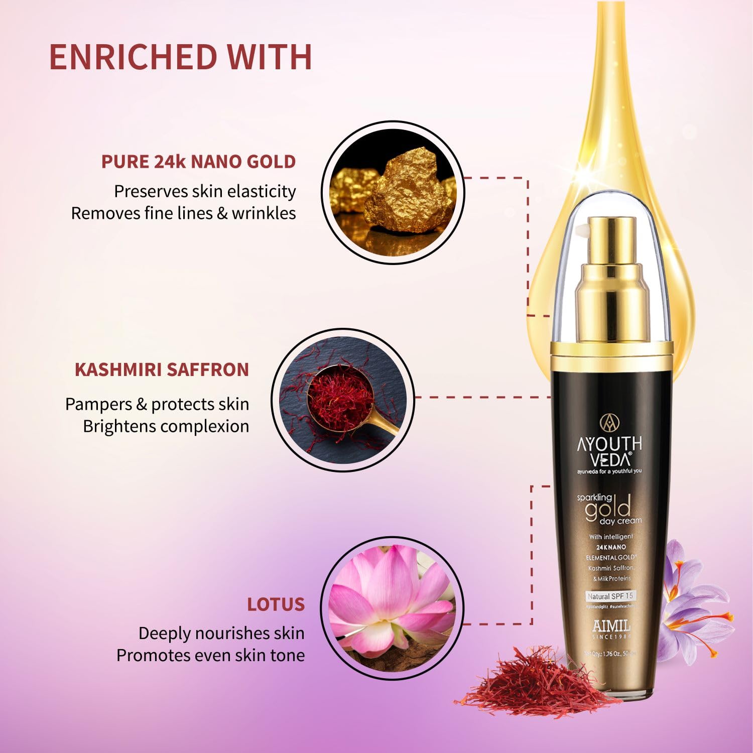 Ayouthveda Sparkling Gold Day Cream With 24k Gold & Saffron - 30g